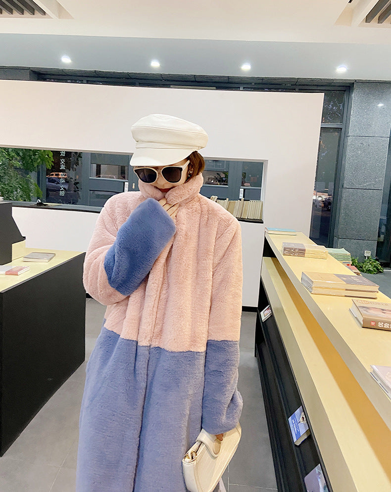 Loose mink fur stitching long coat Mao Mao suit collar women's coat