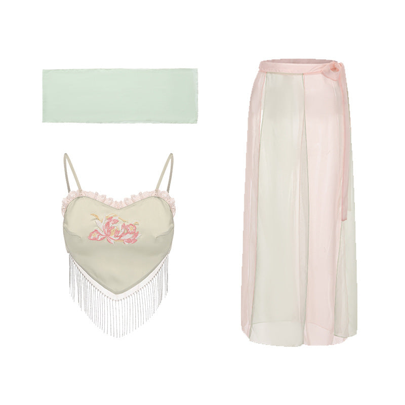 DZ Guiruo Brand Sexy Lingerie Pure Desire National Style Embroidered Bellyband Sexy Slit Split Skirt Uniform Set5042