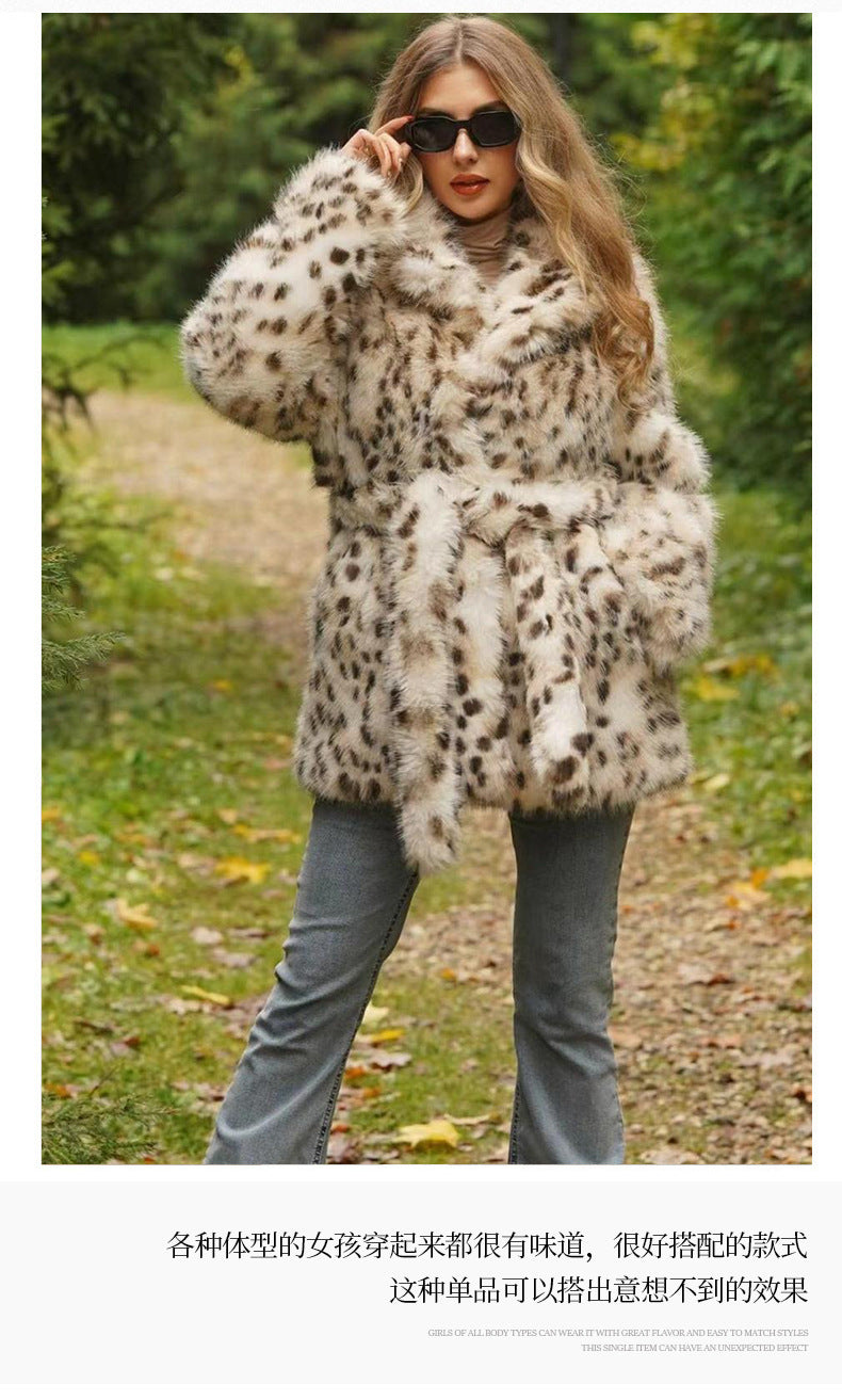 Europe, America, autumn and winter, new plus size women's fur leopard coat, suit collar and long section.