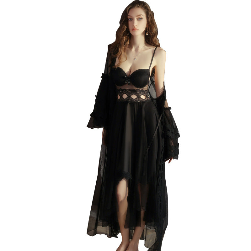 DZ Magnificent Plus Size Pure Desire Ice Silk Underwear Deep V Padded Temptation Lace Nightdress Robe Women's Set XJ5369