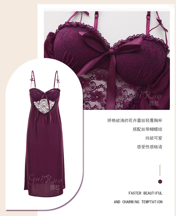 DZ Gorgeous Sexy Satin Nightdress Light Luxury Sweet Lace Deep V Gathered Padded Nightdress and Robe Set5045