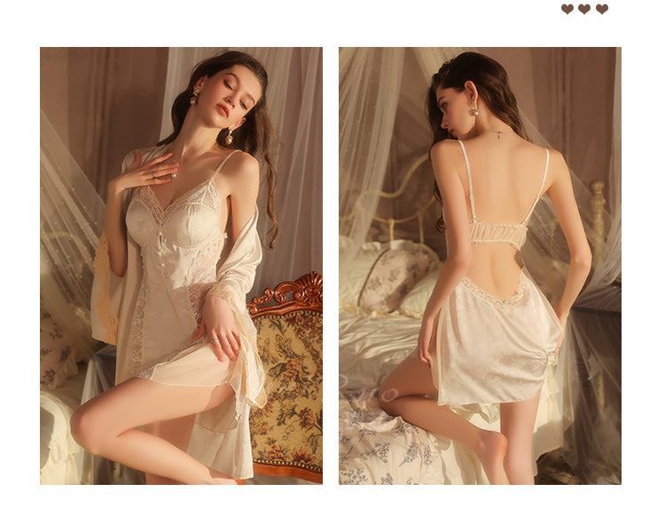 DZ Magnificent and fiery deep V Padded Bra Lingerie Pure Desire Backless Sexy Jacquard Nightdress Robe Home Set C5630