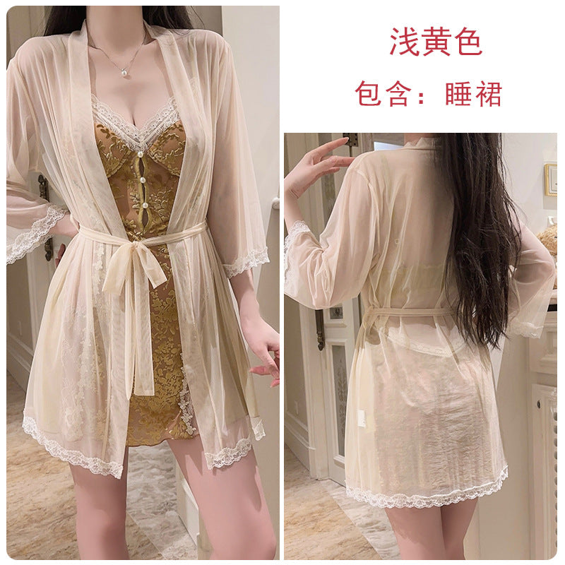 DZ Rose-like Deep V Padded Sleepwear Sweet Lazy Mesh Sexy Velvet Nightdress Robe Home Set C5928