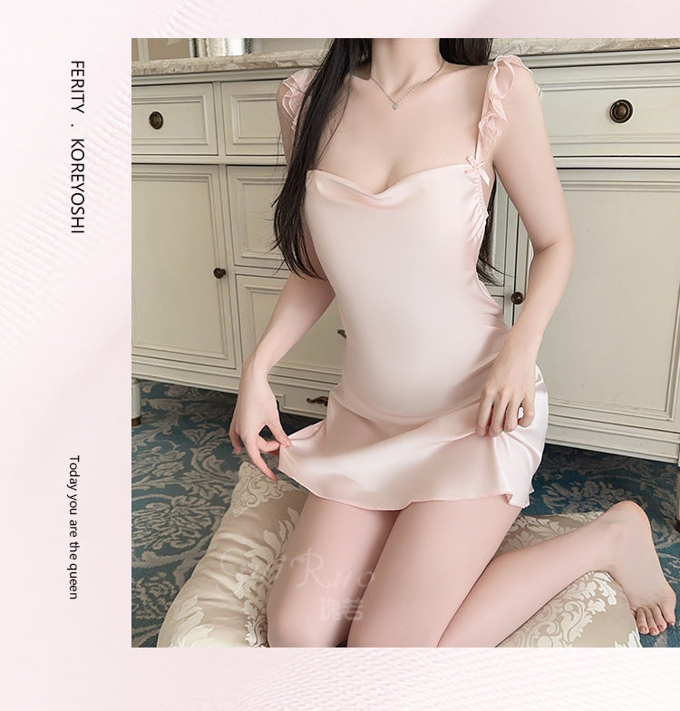 DZ Gorgeous Passionate Hot Backless Nightdress Pure Desire Sexy Waist-Cinching Deep V Ice Silk Nightdress Set with Chest Pads5262