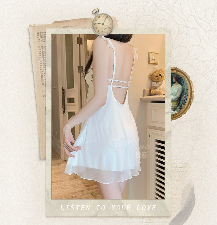 DZ Gorgeous Sexy Nightdress Passionate Temptation with Chest Pads Hot See-through Chiffon Lace Nightgown Robe Set5148