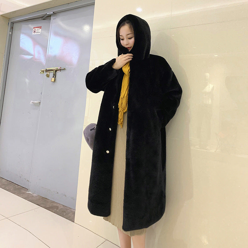 New Korean version of mink fur thick loose plush hooded long coat.