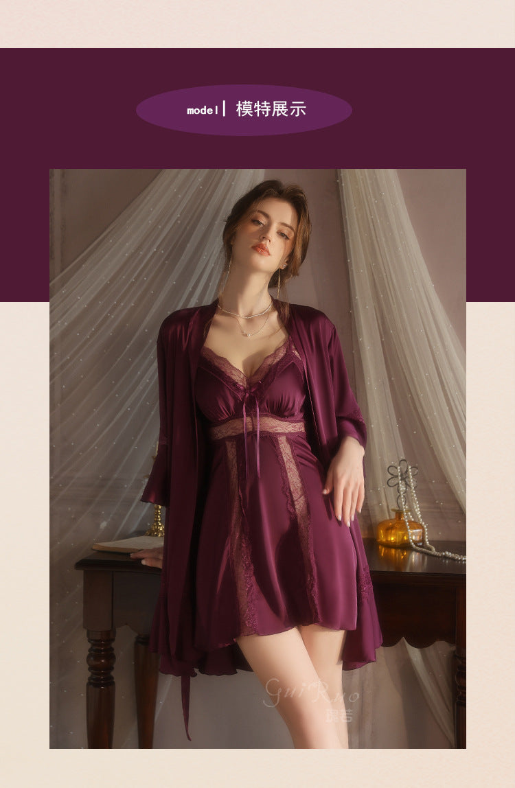 DZ Elegant Plus Size Women's Ice Silk Nightgown Deep V Gathered Padded Pure Desire Lace Nightdress and Robe Set5237