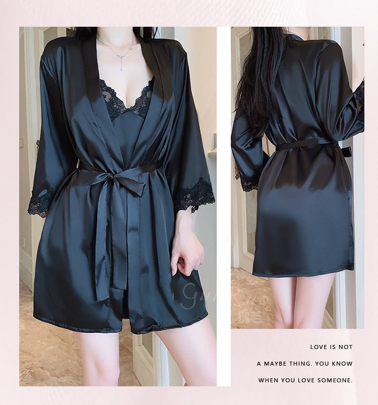 DZ Magnificent and fiery deep V Low-Cut Lingerie Pure Desire Simple Smooth Ice Silk Nightdress Lace-Up Robe Women's Set5149