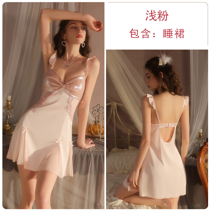 DZ Elegant Women's Light Luxury Smooth Satin Nightgown Deep V Backless Sexy Padded Nightdress Homewear Set C5542