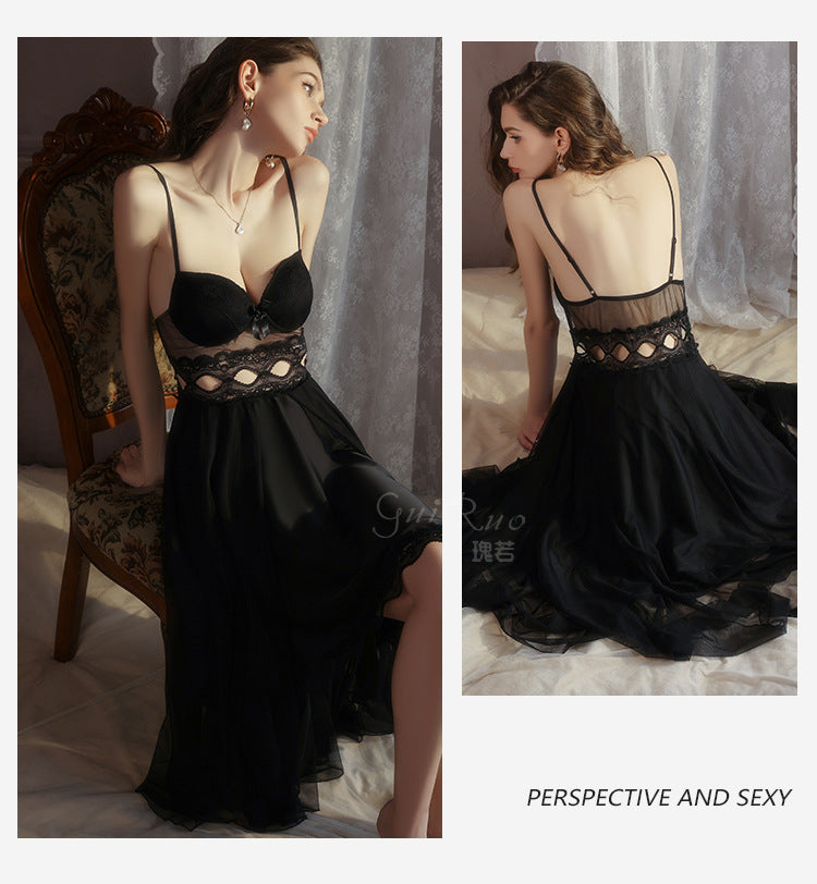 DZ Magnificent Plus Size Pure Desire Ice Silk Underwear Deep V Padded Temptation Lace Nightdress Robe Women's Set XJ5369