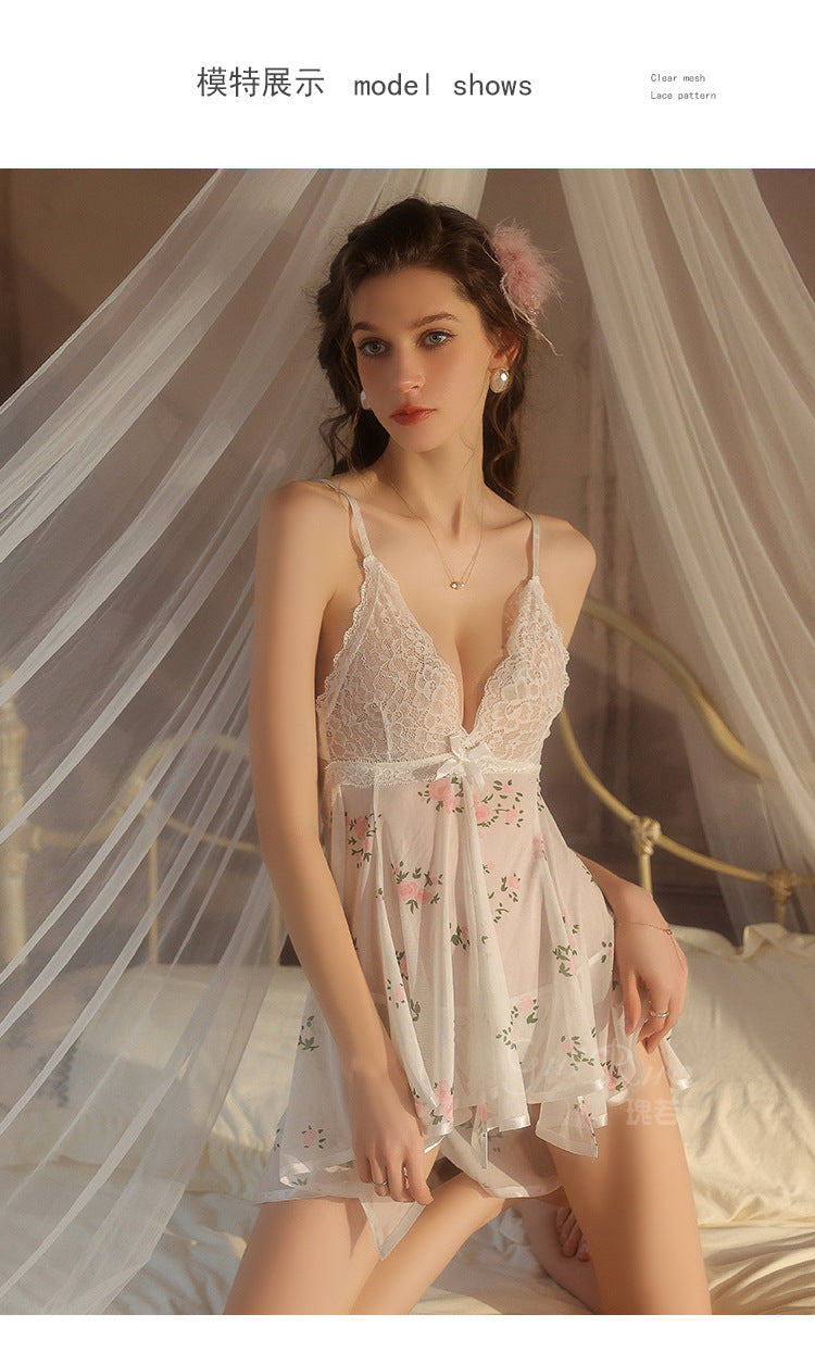 DZ Magnificent Women's Lingerie Passionate Deep V Low-cut Sexy Pure Desire Sheer Mesh Camisole Dress Set5667