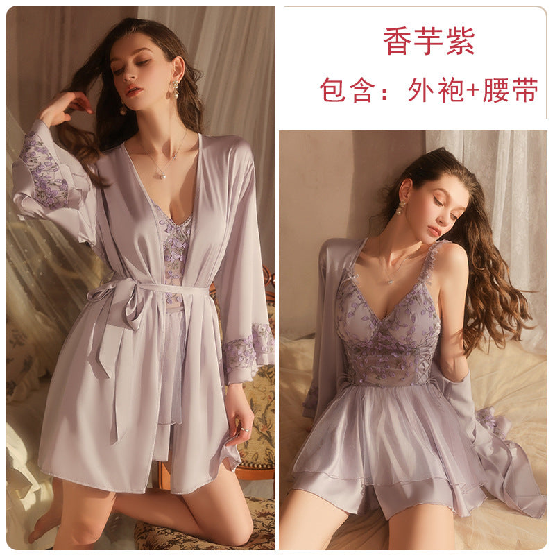 DZ Luxurious Ice Silk Lingerie Sweet Temptation Lace Deep V Padded Nightdress with Open Front Robe Set M5516