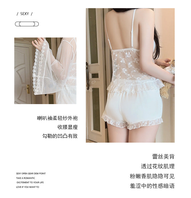 DZ Gorgeous Sweet Smooth Satin Lingerie Passionate Hot See-through Lace Padded Bra Top Three-piece Set5083