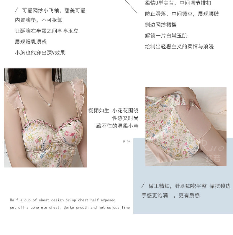 DZ Magnificent Pure Desire Smooth Satin Lingerie Deep V Sexy Mesh Nightdress Set with Chest Pads and Flutter Sleeves in Plus Size A5118