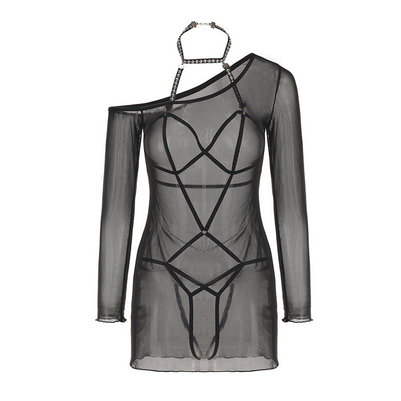 DZ Gorgeous New Style Sexy Lingerie Passionate Hot Open Crotch Bodysuit Pure Desire See-through Mesh Nightdress Set4780