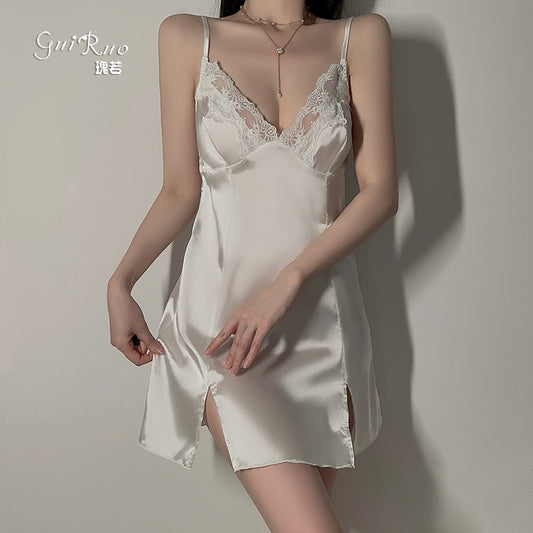 DZ Magnificent and fiery deep V Low-Cut Lingerie Pure Desire Simple Smooth Ice Silk Nightdress Lace-Up Robe Women's Set5149