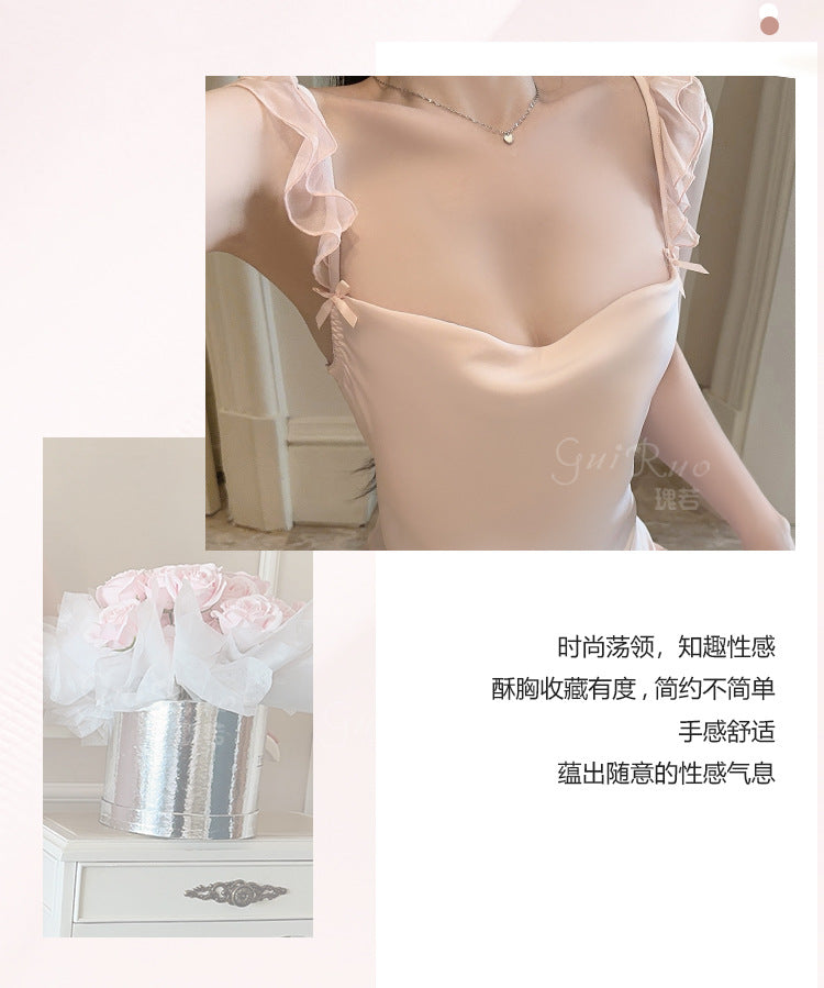 DZ Gorgeous Passionate Hot Backless Nightdress Pure Desire Sexy Waist-Cinching Deep V Ice Silk Nightdress Set with Chest Pads5262