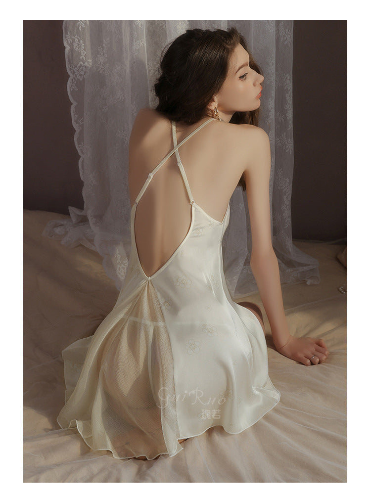 DZ Luxurious Plus Size Satin Lingerie Passionate Hot Slit Sexy Backless Nightdress Robe Women's Set5207