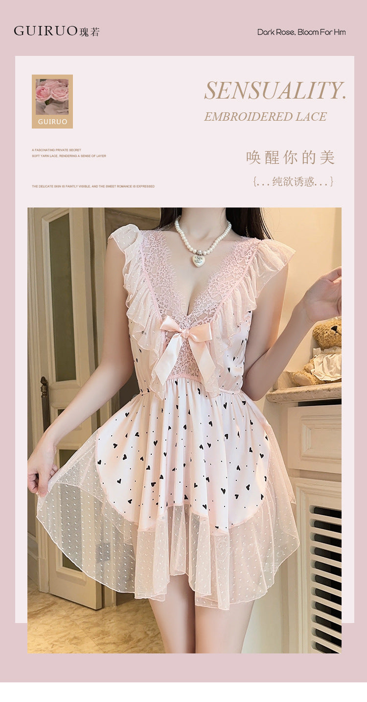 DZ Gorgeous Passionate Hot Low-Cut Nightdress Light Luxury Sheer Mesh Lace Sexy Satin Nightgown Women's Set5205