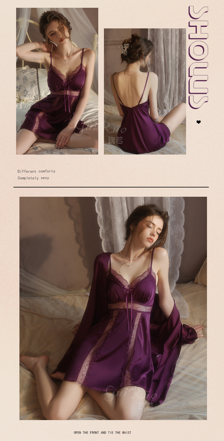 DZ Elegant Plus Size Women's Ice Silk Nightgown Deep V Gathered Padded Pure Desire Lace Nightdress and Robe Set5237