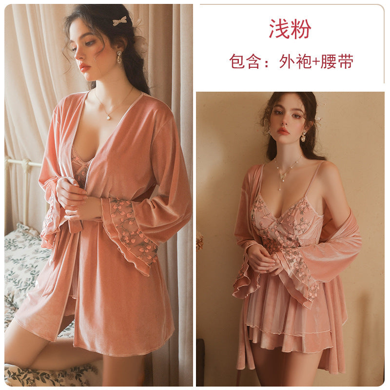 DZ Gorgeous Sexy Backless Temptation Velvet Sweet Underwire Gathered Camisole Nightdress Robe Loungewear C5240