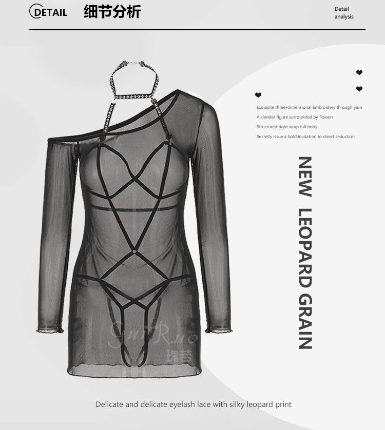 DZ Gorgeous New Style Sexy Lingerie Passionate Hot Open Crotch Bodysuit Pure Desire See-through Mesh Nightdress Set4780