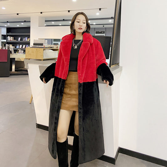 Loose mink fur stitching long coat Mao Mao suit collar women's coat