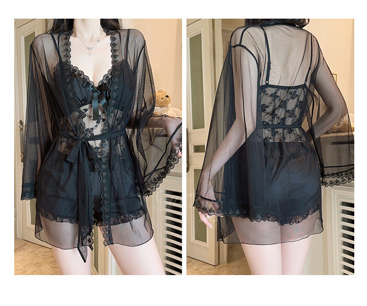 DZ Gorgeous Sweet Smooth Satin Lingerie Passionate Hot See-through Lace Padded Bra Top Three-piece Set5083