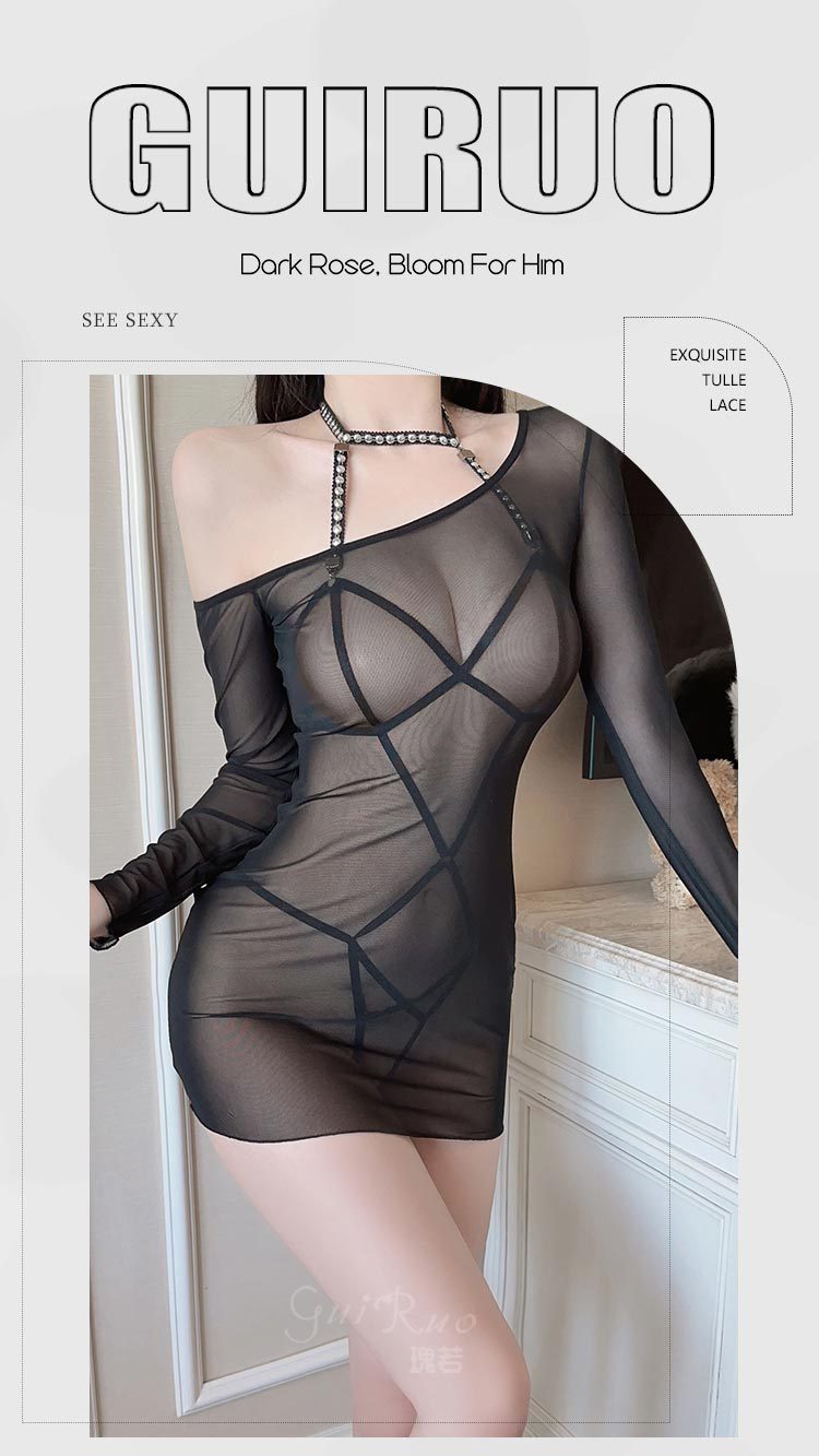 DZ Gorgeous New Style Sexy Lingerie Passionate Hot Open Crotch Bodysuit Pure Desire See-through Mesh Nightdress Set4780