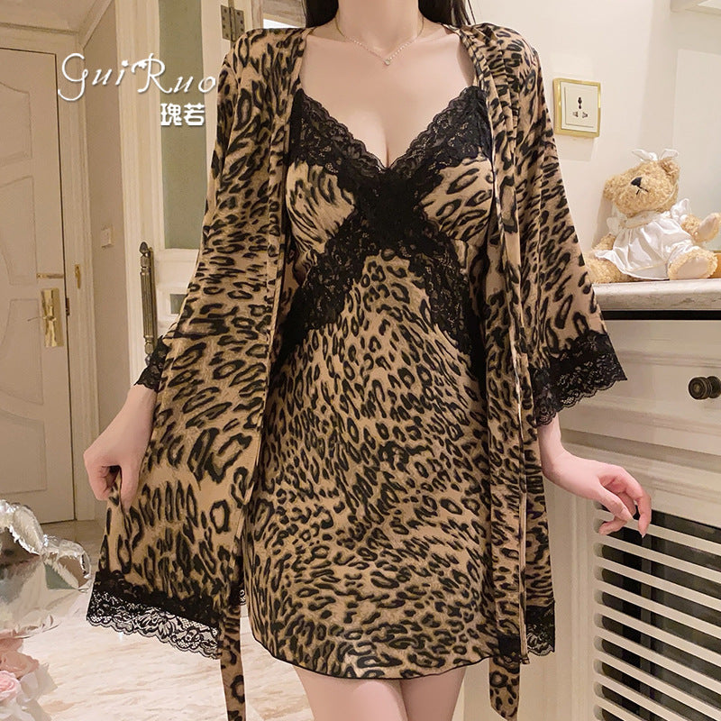 DZ Luxurious and Sexy Nightdress with Chest Pads, Sweet Ice Silk Nightgown and Robe Home Set4905