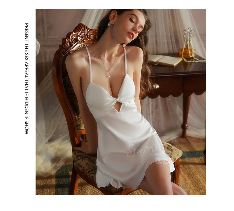 DZ Graceful Lady Sweet Light Luxury Satin Lingerie Passionate Hot Chest Pad Backless Nightdress Robe Set5591