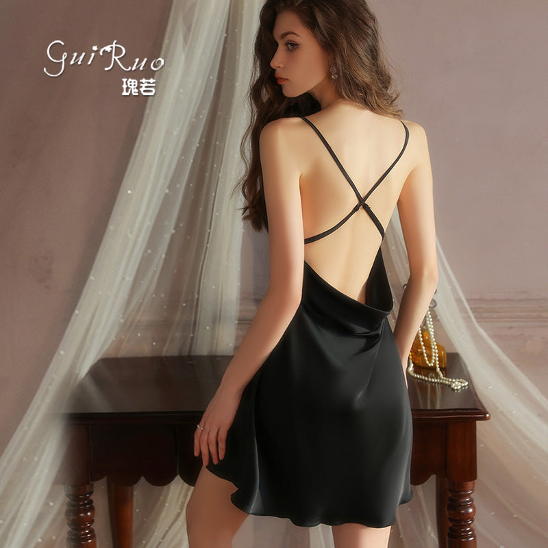 DZ Graceful Lady Sweet Light Luxury Satin Lingerie Passionate Hot Chest Pad Backless Nightdress Robe Set5591