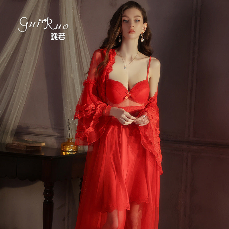 DZ Magnificent Plus Size Pure Desire Ice Silk Underwear Deep V Padded Temptation Lace Nightdress Robe Women's Set XJ5369