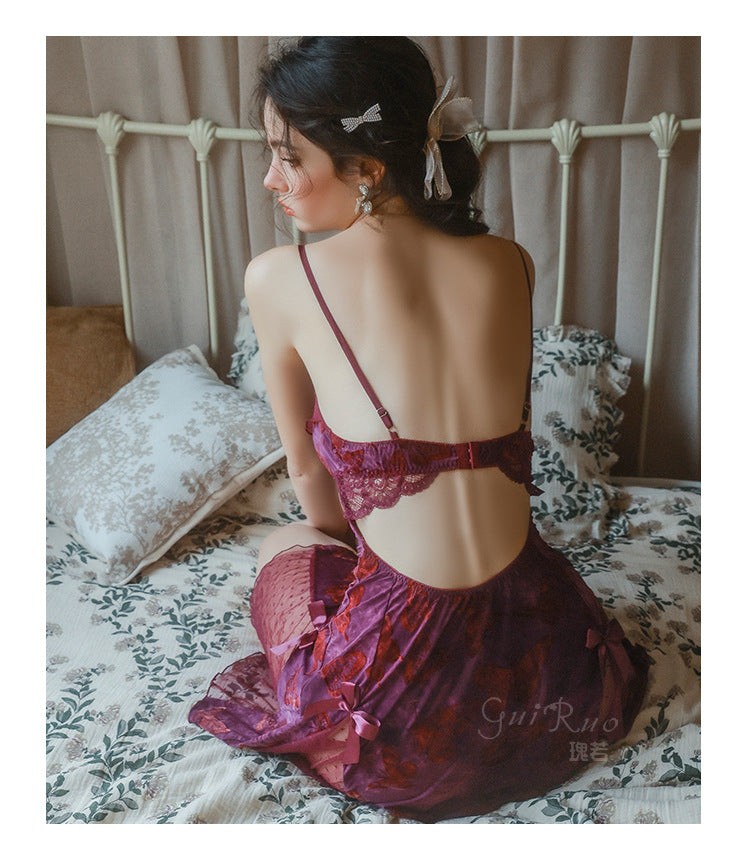 DZ Gorgeous Sexy Backless Nightdress Pure Desire Sweet Butterfly Print with Chest Pads Sleepwear Robe Women's Set QJ5286