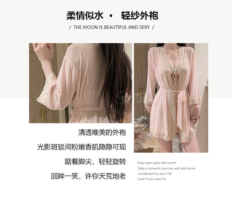 DZ Rose-like Deep V Padded Sleepwear Sweet Lazy Mesh Sexy Velvet Nightdress Robe Home Set C5928