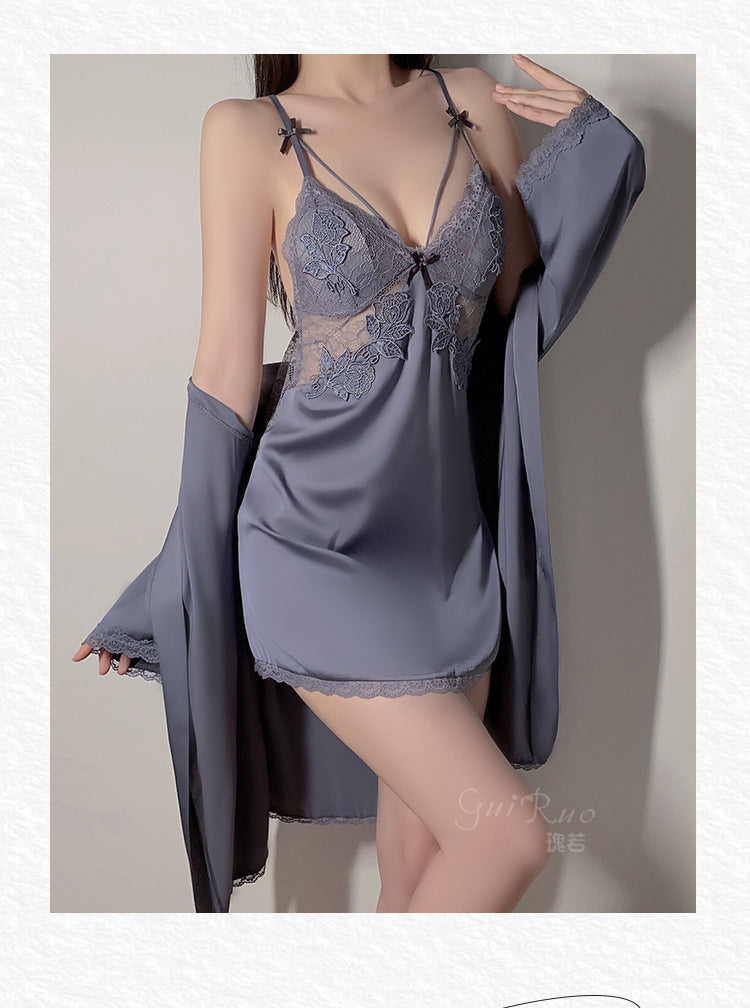 DZ Magnificent Summer Plus Size Nightdress with Chest Pads, Gathered Backless Strap Nightgown, Robe, Women's Homewear Set4372