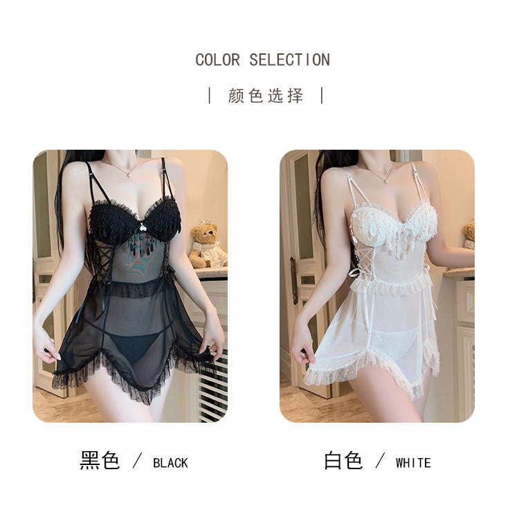 DZ Gorgeous Erotic Lingerie Playful Pure Desire Tassel Decoration Sexy Padded See-through Mesh Nightdress Set5277