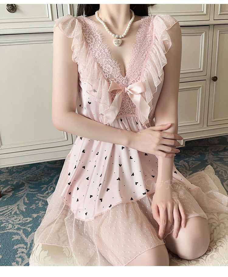 DZ Gorgeous Passionate Hot Low-Cut Nightdress Light Luxury Sheer Mesh Lace Sexy Satin Nightgown Women's Set5205