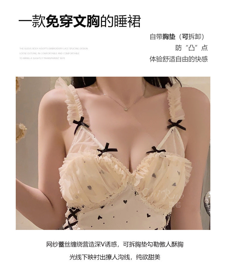 DZ Gorgeous Sexy Nightdress Pure Desire See-through Lace Hot Slim Fit with Chest Pads Plus Size Nightgown Home Set4902