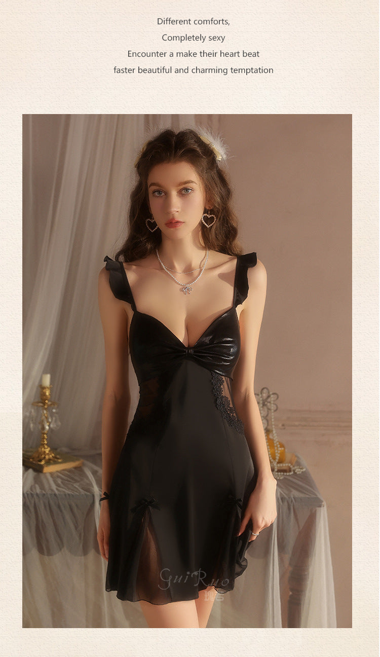 DZ Elegant Women's Light Luxury Smooth Satin Nightgown Deep V Backless Sexy Padded Nightdress Homewear Set C5542