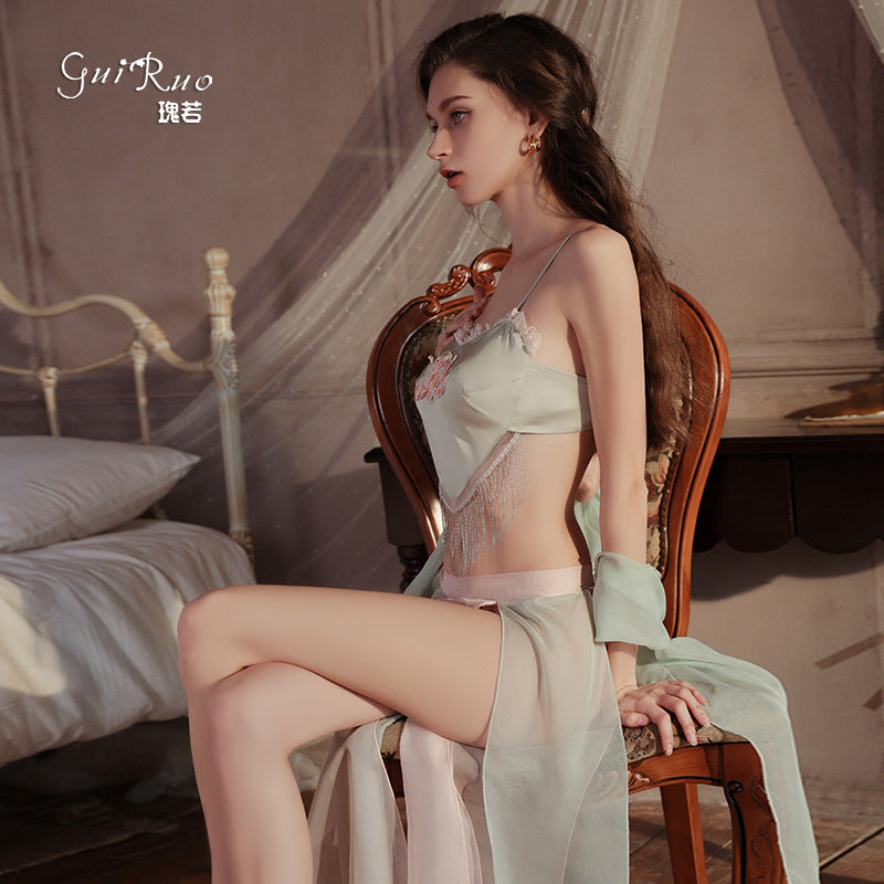 DZ Guiruo Brand Sexy Lingerie Pure Desire National Style Embroidered Bellyband Sexy Slit Split Skirt Uniform Set5042