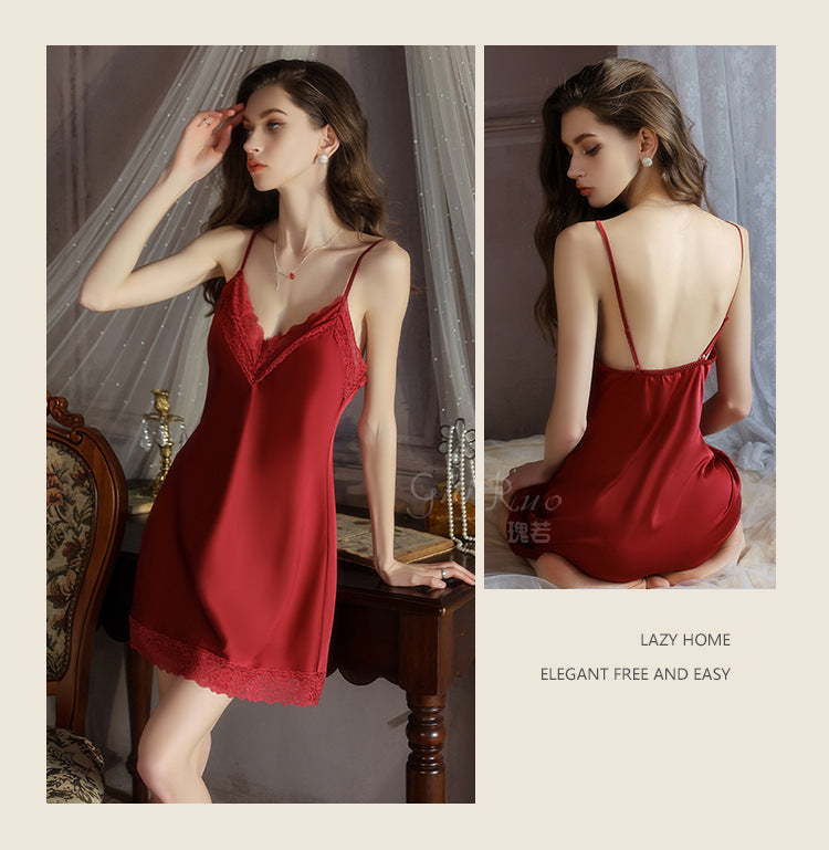 DZ Magnificent and fiery deep V Sexy Backless Lace Smooth Satin Nightdress Set with Chest Pads5585