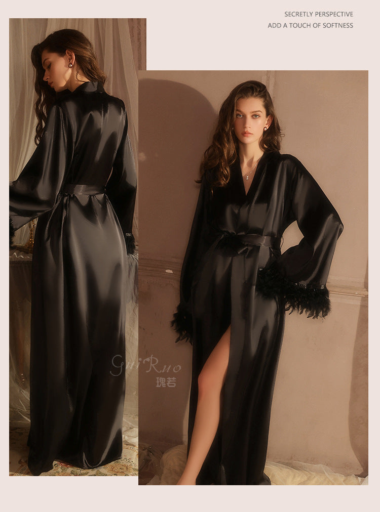 DZ Gorgeous Plus Size Ice Silk Temptation Nightgown Sexy Hot Waist-Cinching Lazy Deep V Open-front Robe Women's Set5711