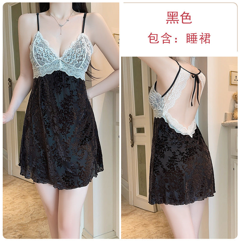 DZ Gorgeous Passionate Hot Backless Nightdress Sexy Push-Up with Chest Pads Sweet Jacquard Velvet Nightgown Set5838