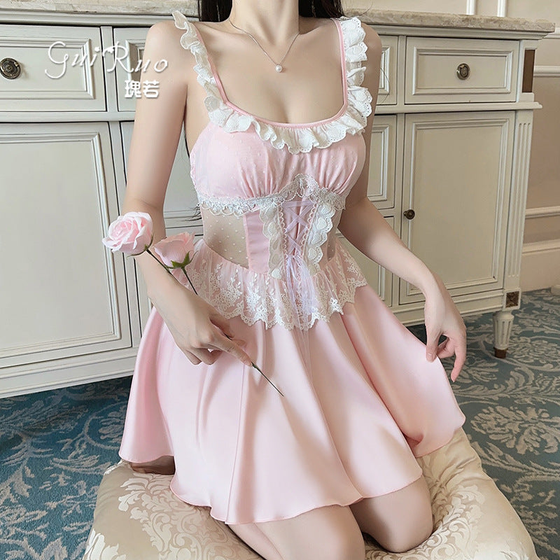 DZ Luxurious Plus Size Satin Nightgown Deep V Backless Pure Desire Sweet Nightdress with Chest Pads Home Set5395