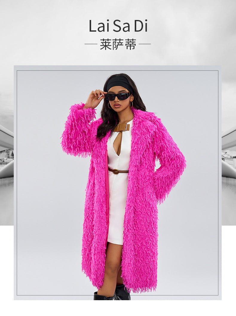 Cross-Border Foreign Trade European and American Fur Coat Warm Solid Color Fashionable Fur Extended Length Fur Coat Unique Overcoat