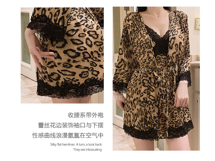 DZ Luxurious and Sexy Nightdress with Chest Pads, Sweet Ice Silk Nightgown and Robe Home Set4905