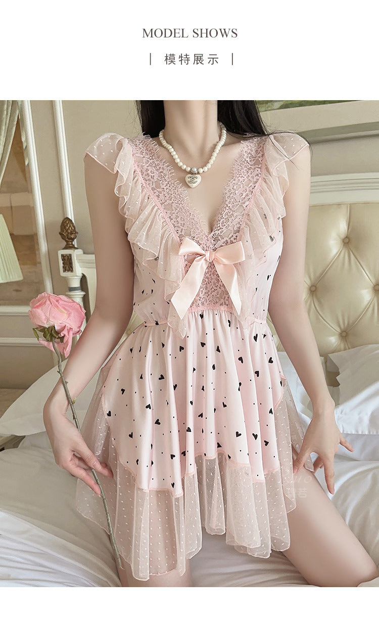 DZ Gorgeous Passionate Hot Low-Cut Nightdress Light Luxury Sheer Mesh Lace Sexy Satin Nightgown Women's Set5205