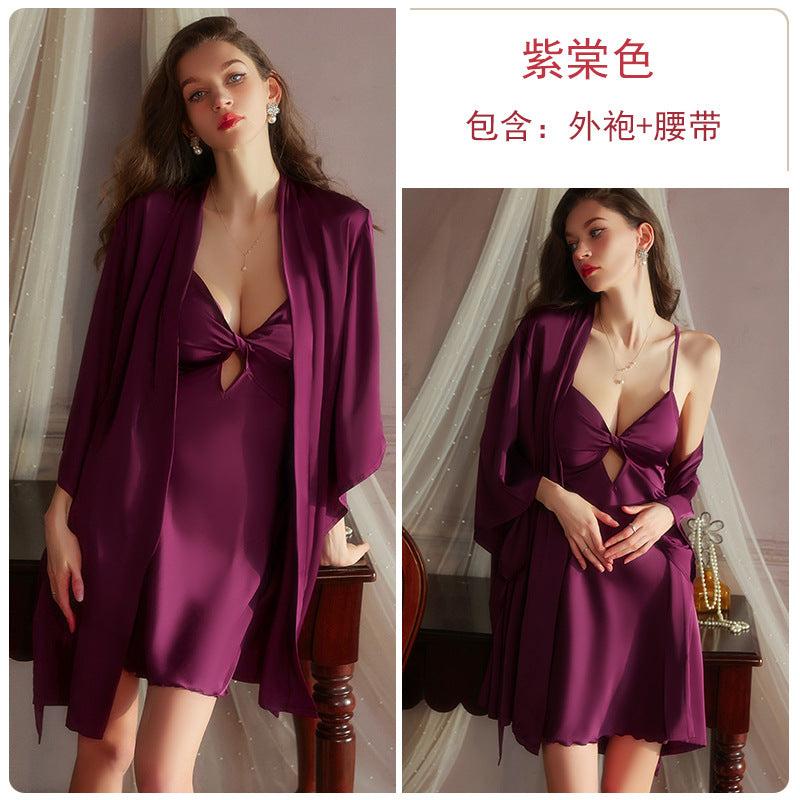 DZ Graceful Lady Sweet Light Luxury Satin Lingerie Passionate Hot Chest Pad Backless Nightdress Robe Set5591