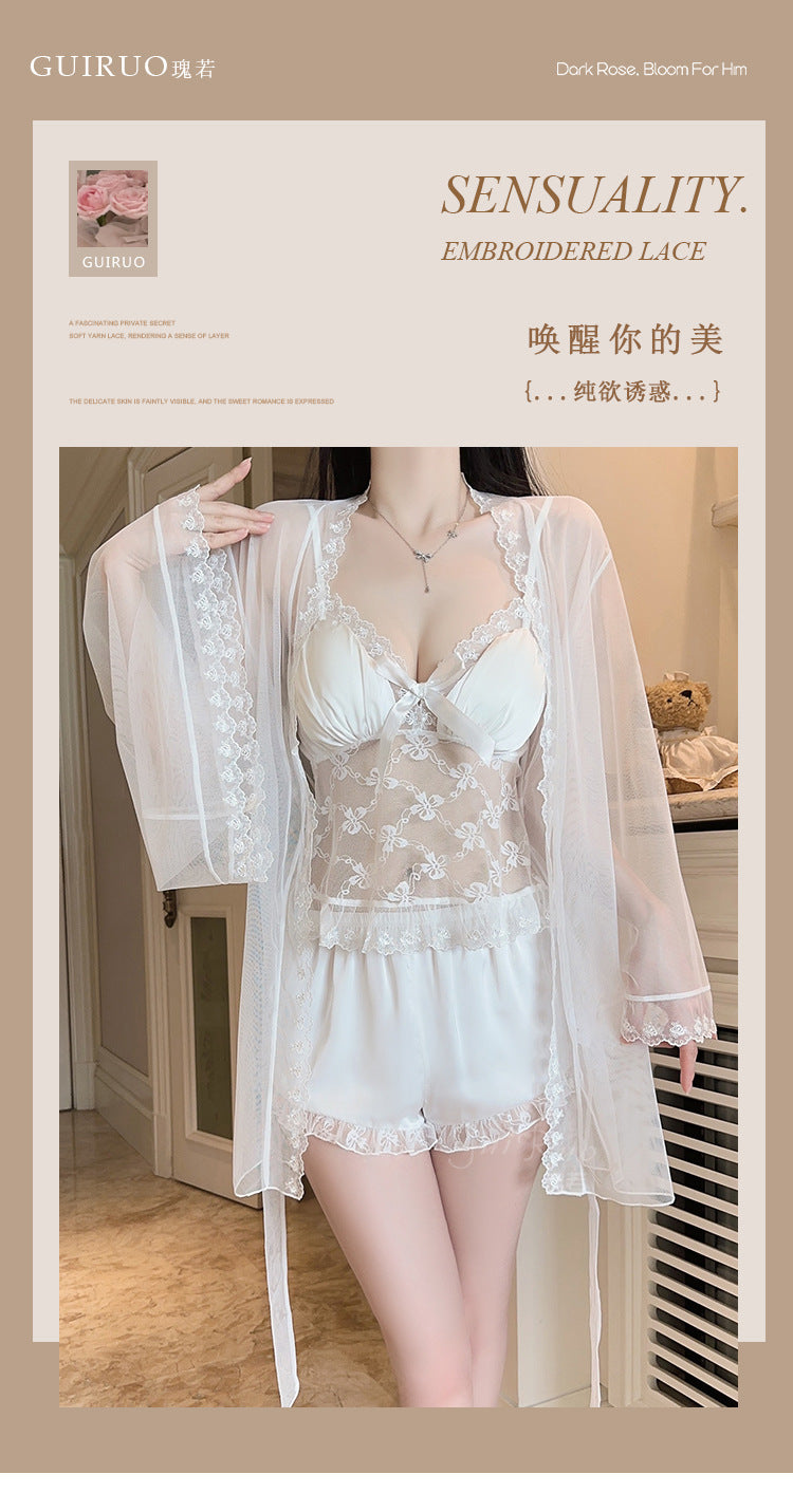 DZ Gorgeous Sweet Smooth Satin Lingerie Passionate Hot See-through Lace Padded Bra Top Three-piece Set5083